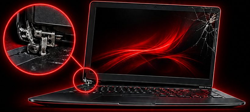 Detalhe de dobradiça de notebook quebrada